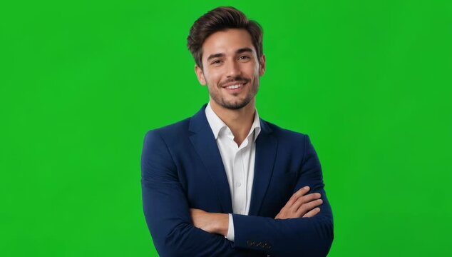 Charismatic man in a sharp navy blue suit standing with arms crossed, a professional portrait for business corporate branding and career advancement projects.