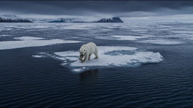 Majestic solitary polar bear walks slowly across a drifting ice floe in the vast Arctic ocean. Snowy mountains and dark waters surround the animal as its thick fur moves in the cold breeze.