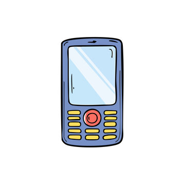 Retro blue mobile phone with numeric keypad and screen illustration