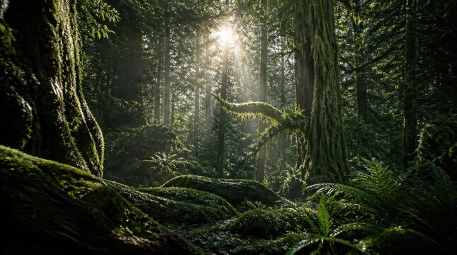 Sunlight rays piercing through a dense temperate rainforest with mossy ancient trees and vibrant lush ferns on a peaceful morning, featuring cinematic gigapixel details and high resolution capture.