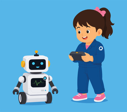 Girl Controlling Smart AI Robot with Remote Controller