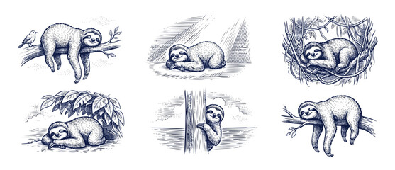Fototapeta premium Sloth hand drawn sketch illustration set of vintage engraving style jungle sloths sleeping and climbing on tree branches in cute cartoon character design vector clip art for decorative card print set.