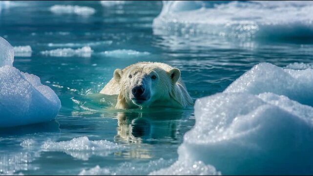 Majestic polar bear swims steadily through frigid crystalline blue waters, navigating a landscape filled with floating icebergs in the remote Arctic wilderness during a clear and bright day.