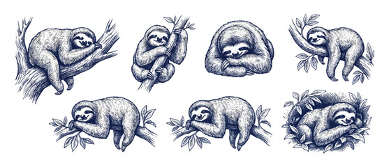 Fototapeta premium Sloth drawing engraving illustration set sleeping and hanging on branches in cute lazy poses, isolated ink line art sketch vector for tropical forest wildlife and animal design elements.