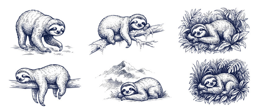 Sloth drawing vintage engraving set featuring cute sloths sleeping on branches and resting in tropical jungle leaves, set of hand drawn ink sketches for animal wildlife designs and prints.