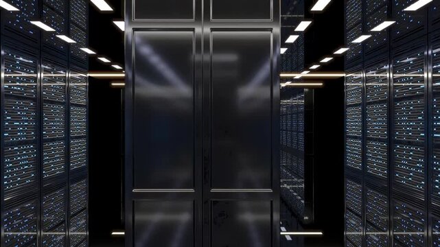Sliding motion in a data center server room with flashing neon light blue lights of server racks. 3d animation