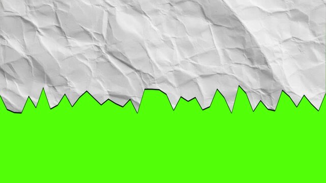 Stop motion horizontal paper tear transition from right to left with rough jagged edges and green screen background reveal