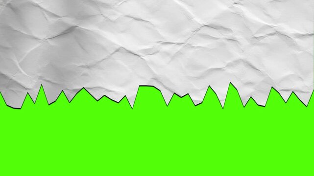 Animated crumpled white paper tearing from right to left revealing lower half green screen chroma key transition with shadow details