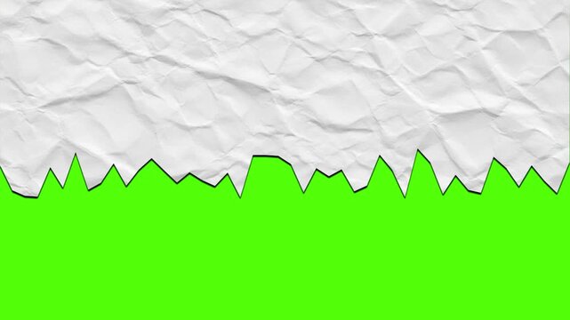Animated white crumpled paper tearing horizontally revealing lower bottom half chroma key green screen background transition