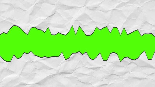 Animated crumpled white paper tearing horizontally in the middle with jagged edges revealing chroma key green screen background transition