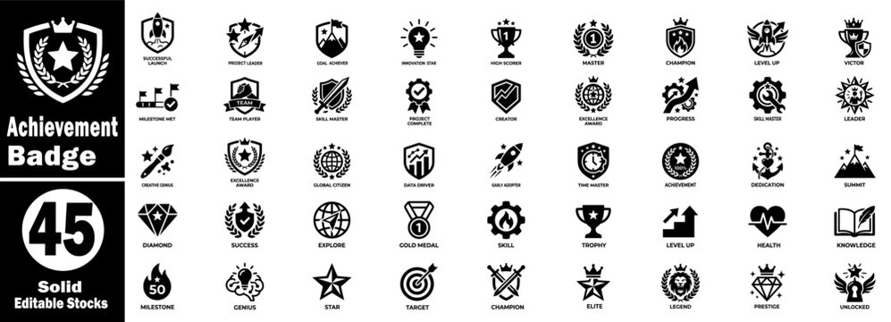 Achievement badge solid icons. Featuring trophy shield medal and star symbols for gamification and ranking reward systems.