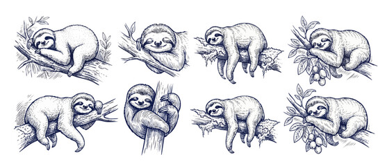Fototapeta premium Sloth illustration set hand drawn engraving style sleeping lazy animal climbs tree branch sketch drawing line art collection isolated elements for vintage design poster pattern logo. Hand-crafted vect