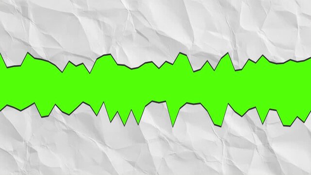 Animated horizontal tearing of crumpled white paper with jagged edges revealing chroma key green screen transition