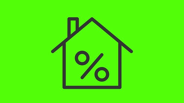 Animated real estate house mortgage interest rate icon with precise geometric pen tool vector path stroke forming on chroma key green screen background