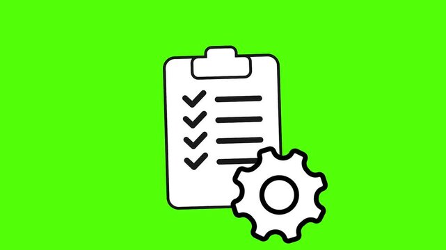 Animated project management checklist clipboard and gear icon with precise geometric pen tool vector path stroke forming on chroma key green screen background