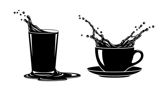 Coffee Splash In Glass And Cup Black Silhouette On White Background