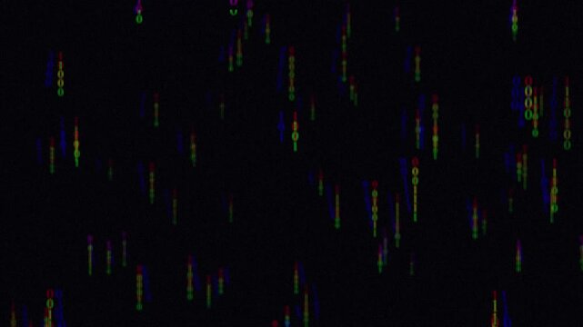 Vertical falling binary code data stream with dynamic RGB glitch smear and chromatic aberration on dark background for cyber hacker matrix overlay