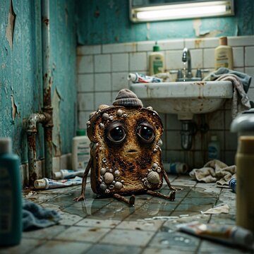 Surreal Dirty Toast Creature in Grimy Bathroom