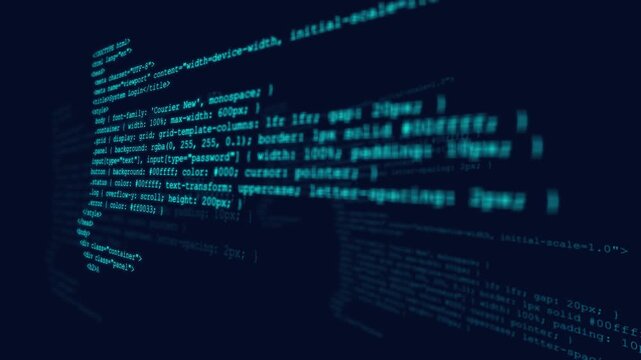 Realistic hacker view scrolling computer code data stream with depth of field blur and cyberpunk HUD interface on dark blue background for cybersecurity concept