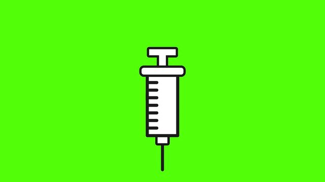 Animated medical syringe injection icon with precise geometric pen tool vector path stroke forming on chroma key green screen background