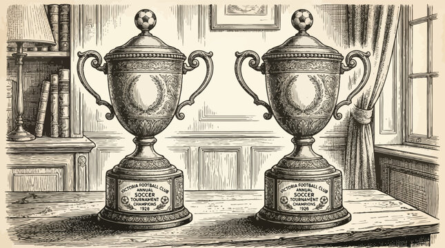 Vintage engraving of victorian football club soccer trophies 1928