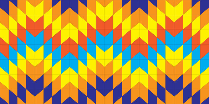 Colorful geometric pattern with repeating chevron shapes in bright yellow, orange, blue, and red. Abstract seamless background design with modern mosaic style.