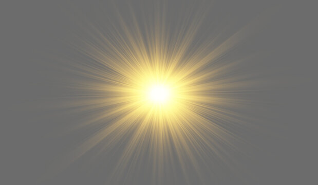 Gold lens flare star burst light effect with intense radial rays and bright shining core