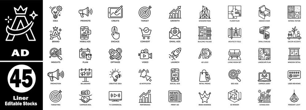 Advertising icons set, with marketing strategy concepts, creative idea, brand awareness, social ads, and promotion symbols.