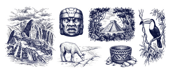 Obraz premium Mayan Inca Aztec Culture Illustration showing vintage hand-drawn sketches of Machu Picchu ruins, Olmec stone head, Mexican pyramid, llama, toucan, and ethnic basket heritage elements on white backdrop