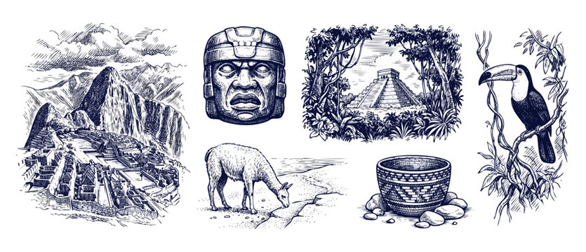 Mayan Inca Aztec Culture Illustration showing vintage hand-drawn sketches of Machu Picchu ruins, Olmec stone head, Mexican pyramid, llama, toucan, and ethnic basket heritage elements on white backdrop