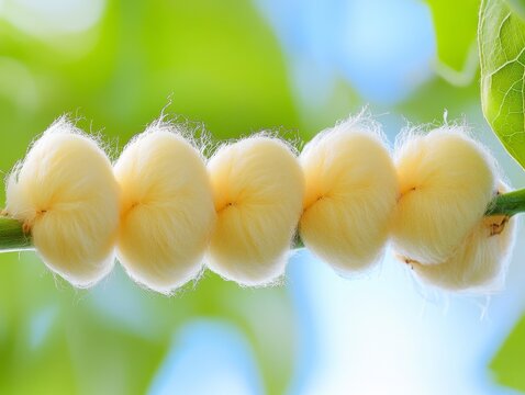 Silk cocoons come from silkworm caterpillars raised for their silk. These caterpillars spin cocoons that are then used to make silk threads.
