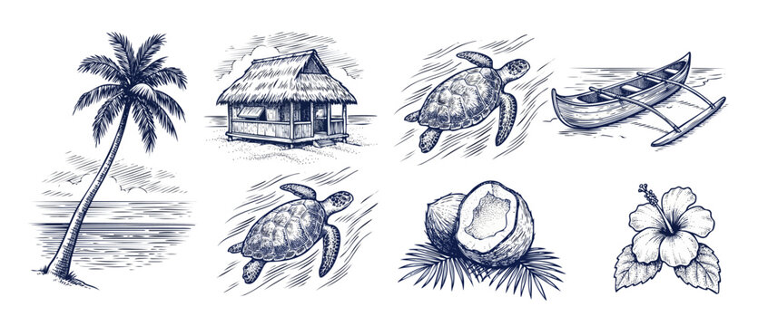 Tropical Beach Engraving Icon Set with palm tree, sea turtle, outrigger canoe, thatch bungalow hut, coconut, and hibiscus flower in hand drawn vintage sketch line art style for summer design.