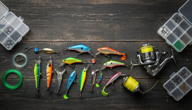 Top view of fishing tackle, colorful lures and equipment on wooden background.