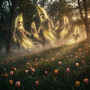 Floating Ghost Bananas in Grass Field &ndash; Surreal Fantasy