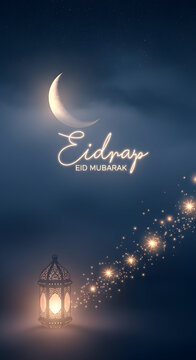 Eid mubarak celebration with moon and lanterns