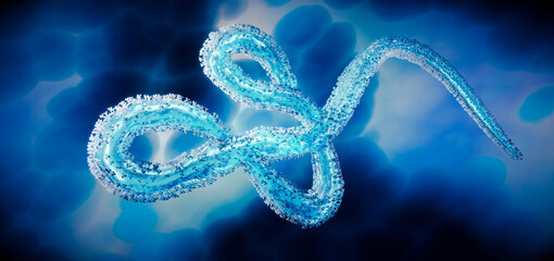 Medical 3d illustration of ebola virus, Microscopic 3D illustration of Ebola virus floating in a dark blue fluid environment