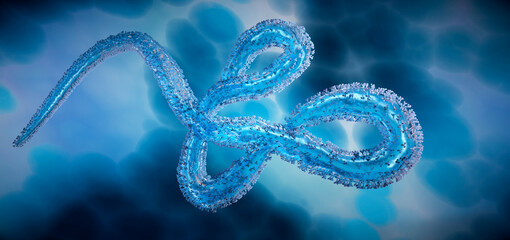 Naklejka na ściany i meble Medical 3d illustration of ebola virus, Microscopic 3D illustration of Ebola virus floating in a dark blue fluid environment