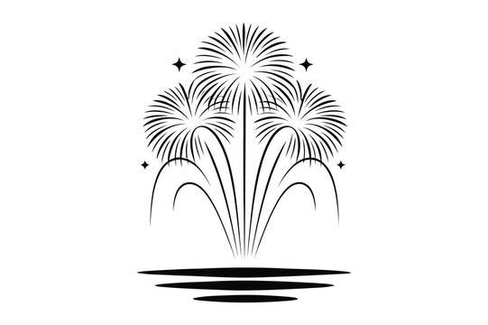 Black and white fireworks display illustration with reflection fireworks sparkles