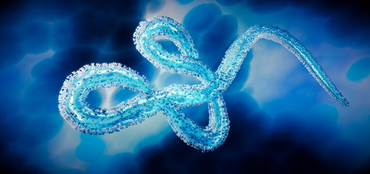 Medical 3d illustration of ebola virus, Microscopic 3D illustration of Ebola virus floating in a dark blue fluid environment