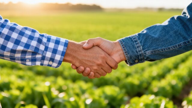 Two hands shaking in a field