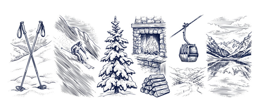 Active winter sports hand drawn illustration compilation of resort icons: skier pine tree fireplace, gondola lift, poles and mountain lake landscape in vintage woodcut etching style for ski vacations.
