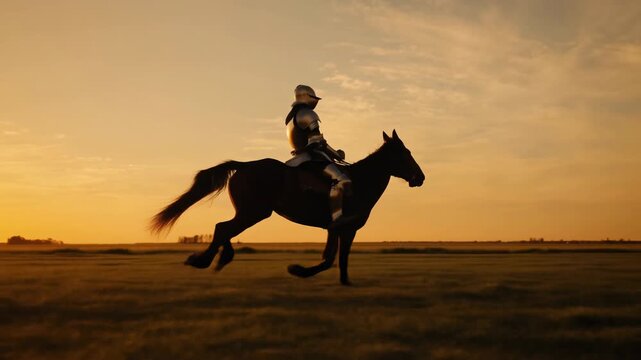 Silhouette of medieval knight in armor riding horse at sunset