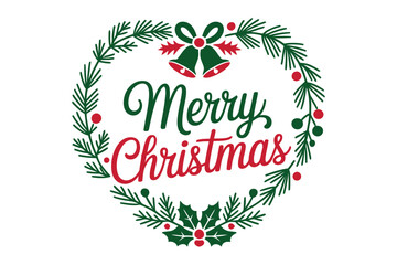 Fototapeta premium Merry christmas wreath illustration with holly berries and festive bells, christmas
