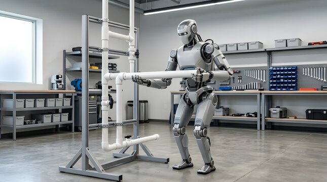 Robot holding a long pipe in a workshop with shelves of tools humanoid