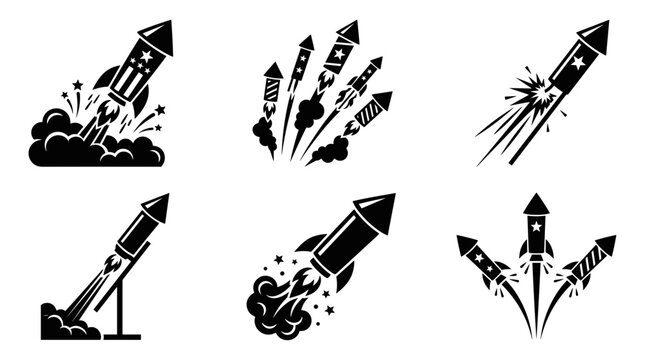 Collection of black and white rocket fireworks icons for celebration and launch
