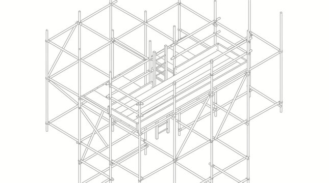 Isometric wireframe drawing of a complex scaffolding structure with multiple levels and platforms for construction.