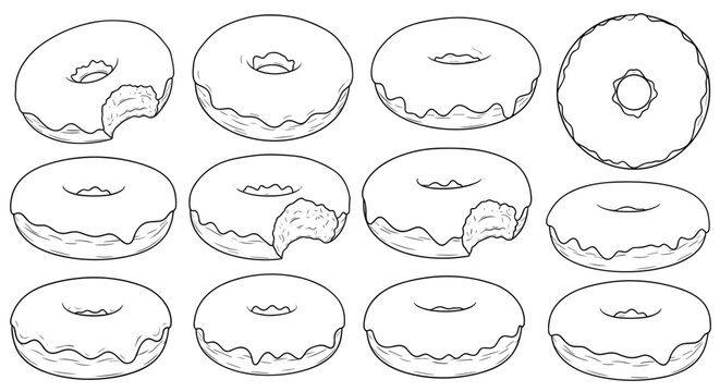 Collection of hand drawn donuts with icing and bite marks isolated on white background