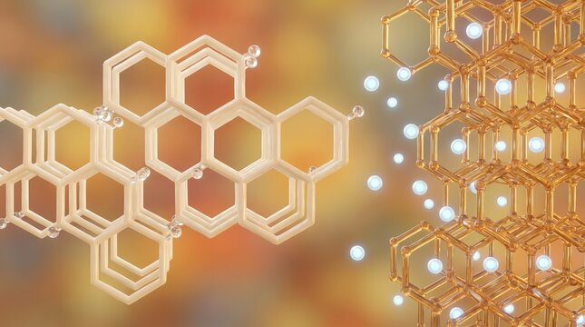 Two molecular lattice frame structures with white particle floating between hexagonal grid