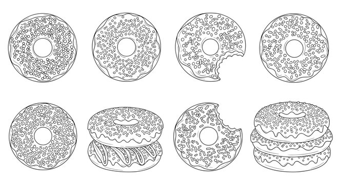 Collection of Hand Drawn Donuts with Sprinkles and Bites Outlines