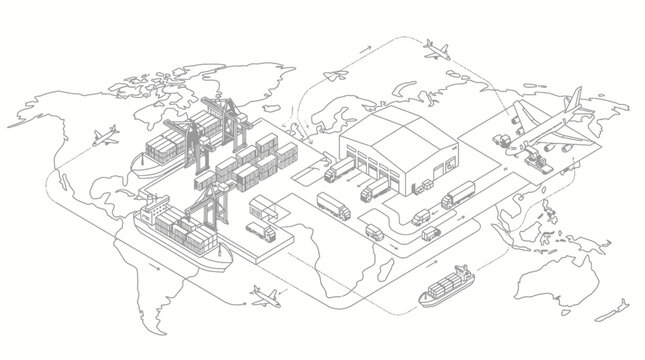 Isometric illustration of a global supply chain and logistics network showing various modes of transport and storage facilities on a world map.